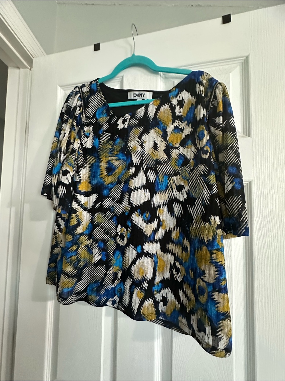 DKNY Multicolor Blue, Gold & Black Printed Asymmetrical Blouse